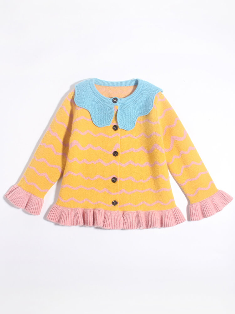 Girls Colorful Button-Up Cashmere Cardigan with Scalloped Trim